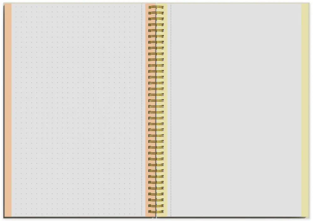 Spiral-Notizbuch geöffnet mit dotted und blanko Seiten mit farbigen Rändern