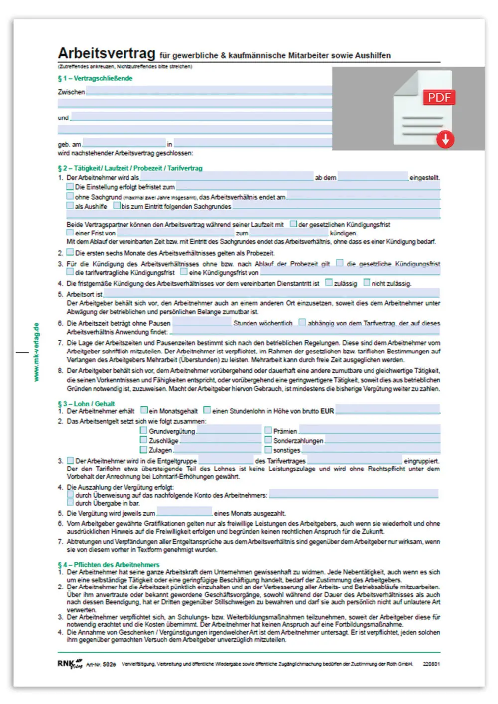 Arbeitsvertrag für gewerbliche Arbeitnehmer