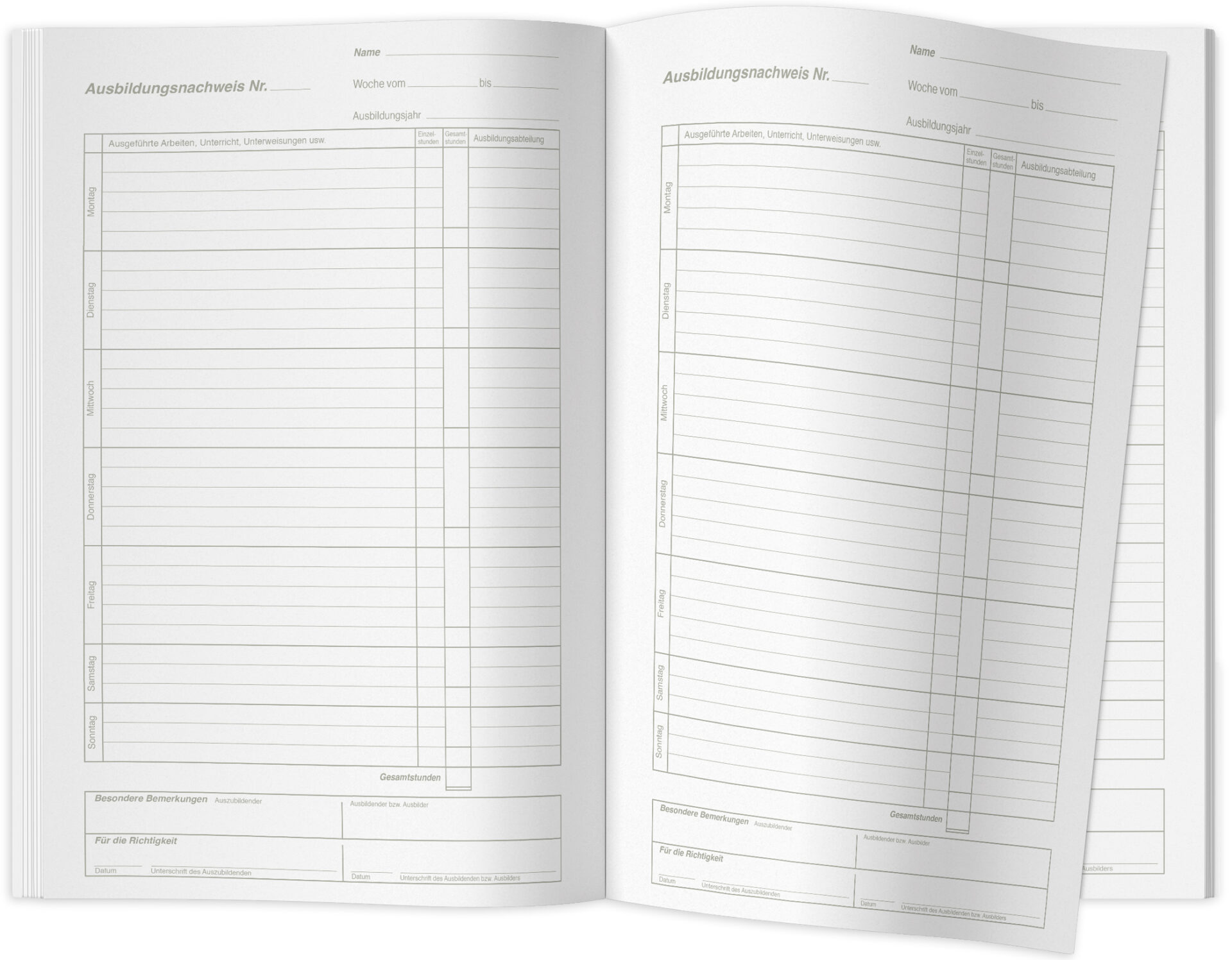 Aufgeklapptes Ausbildungsnachweisheft