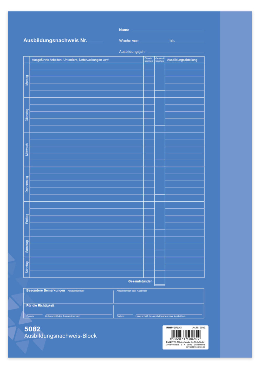 Ausbildungsnachweisheft Umschlag Rückseite mit Tabelle