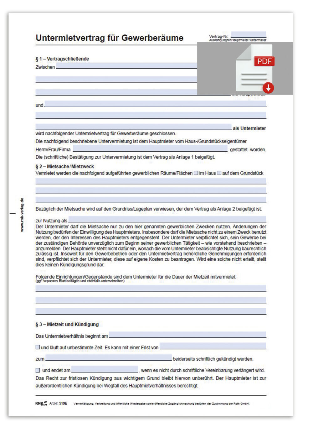 Untermietvertrag für Gewerberaum – 1 Stück