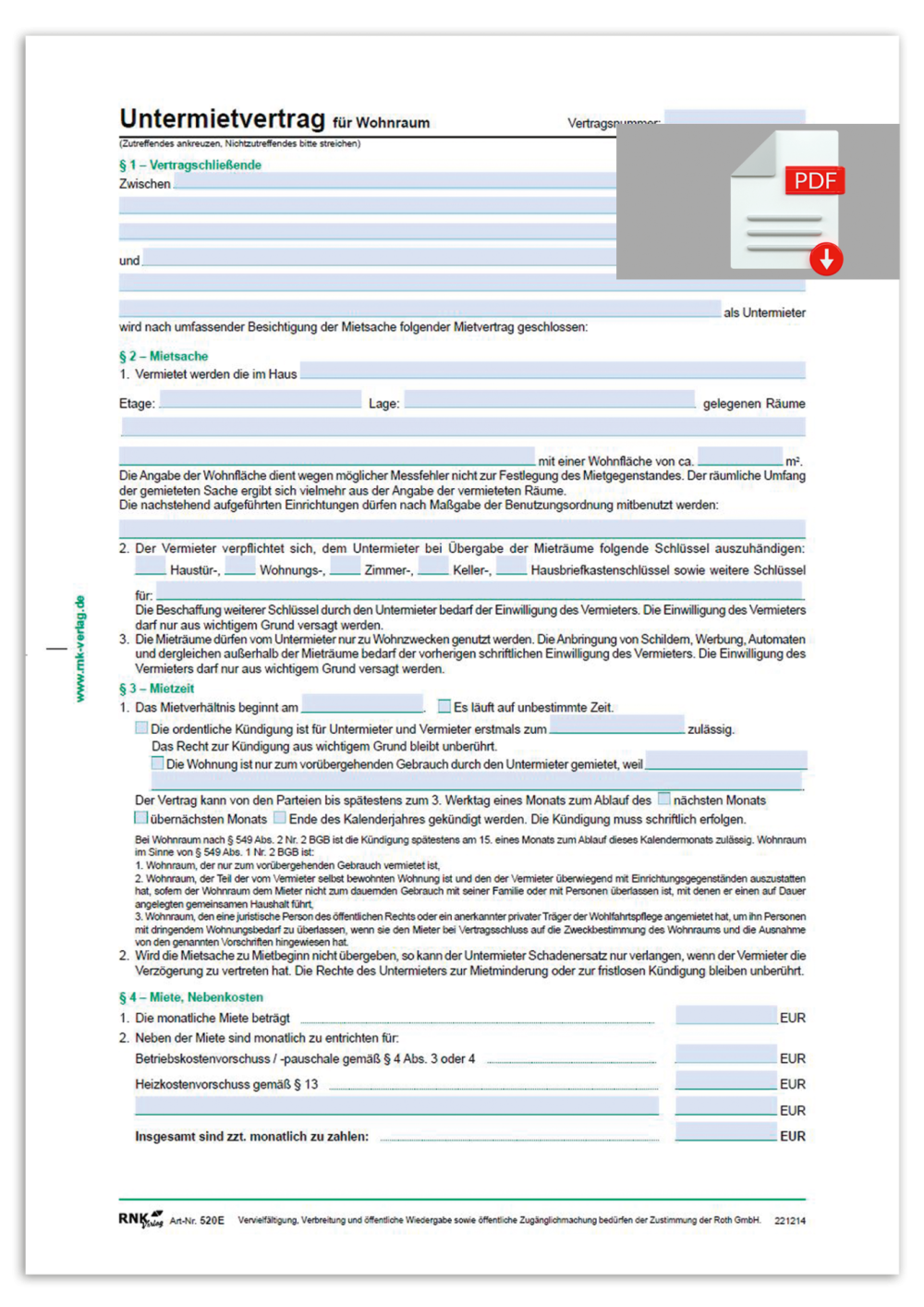Untermietvertrag für Wohnraum, Wohnung und Zimmer