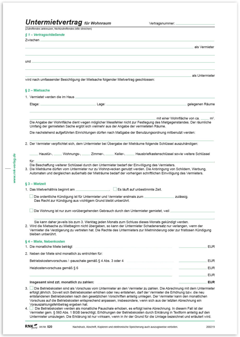 Mietvertrag für Wohnungen RNK Verlag