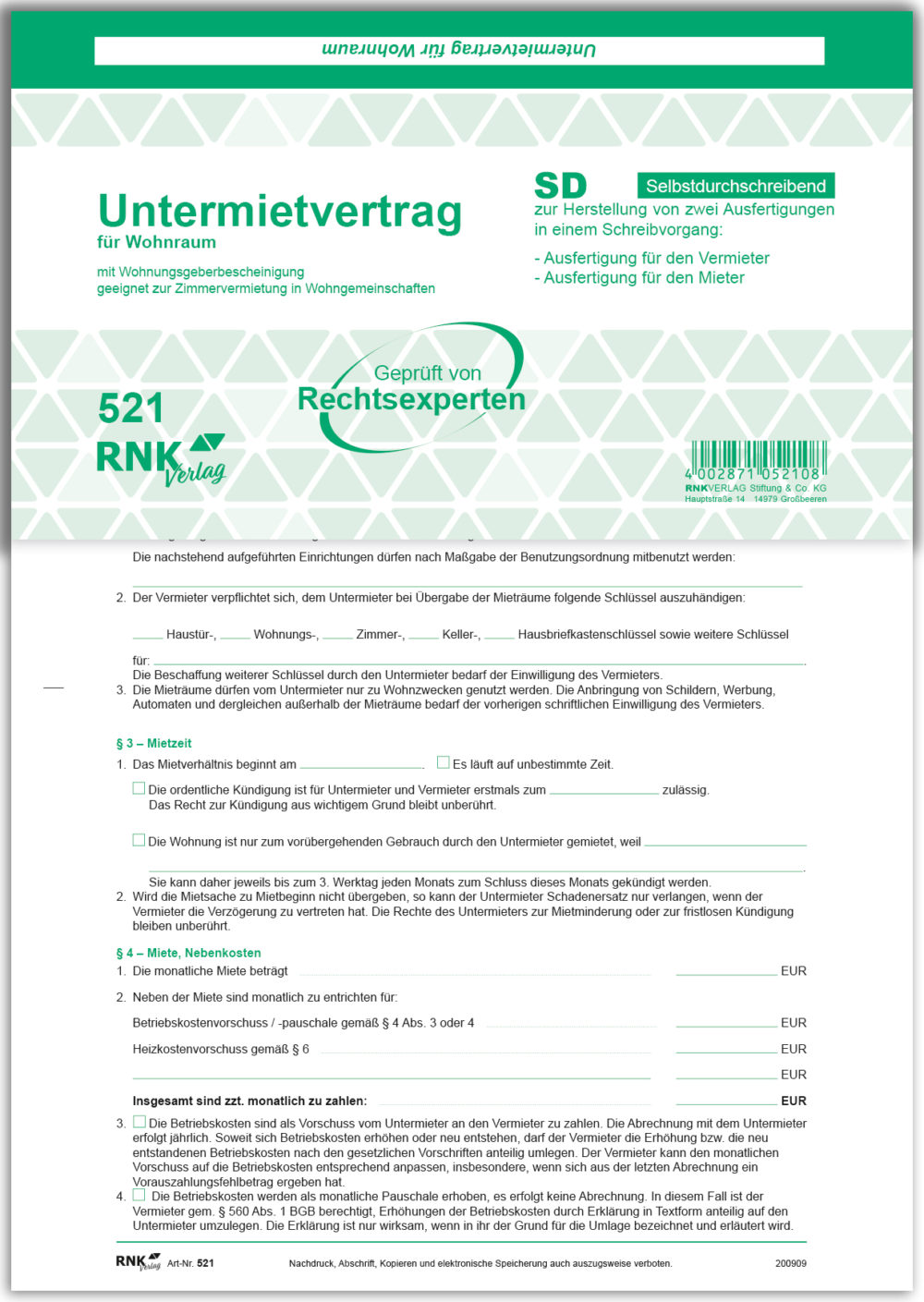 Untermietvertrag für ein Wohnraum