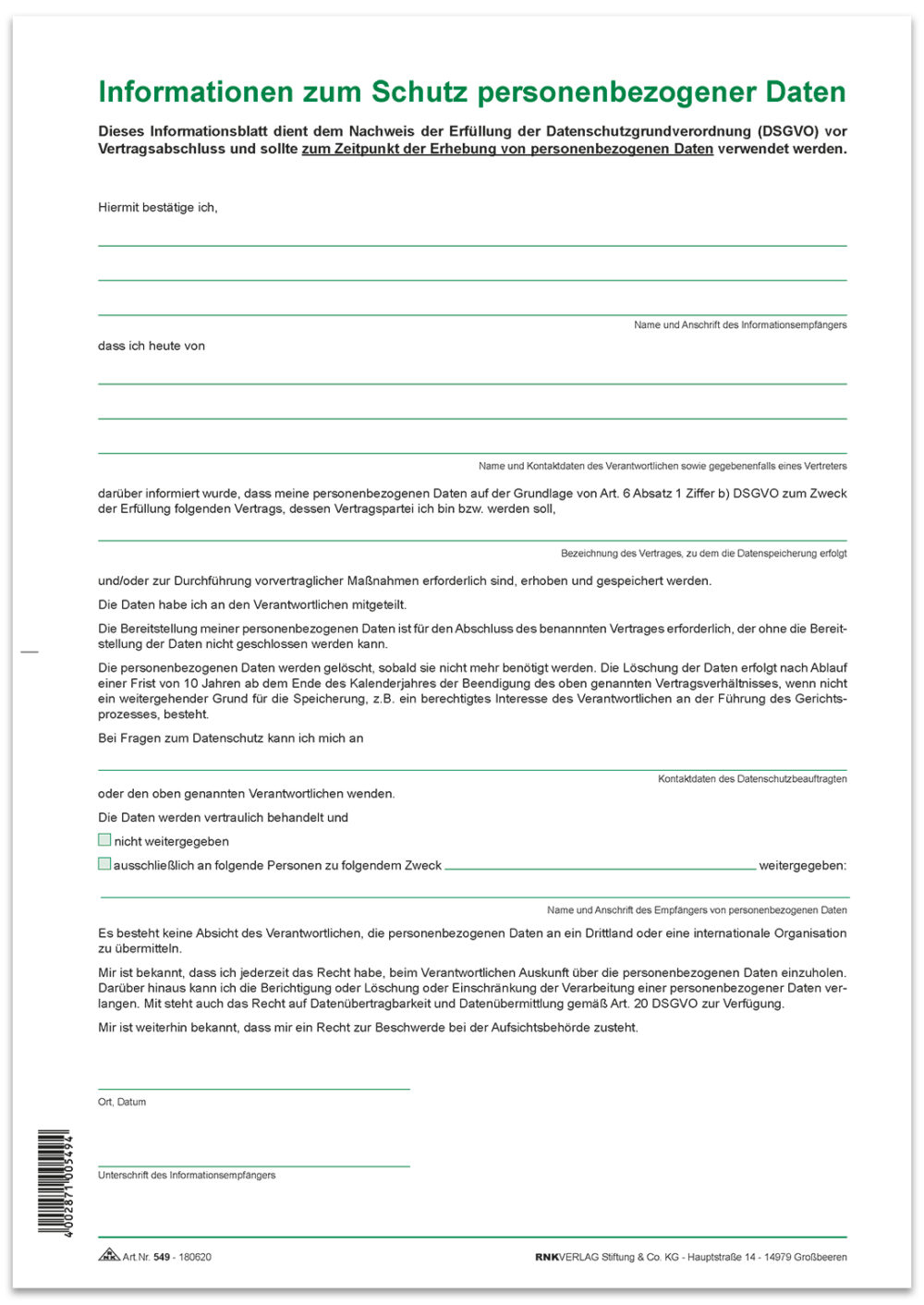 Formular für Informationen zum Schutz personenbezogener Daten