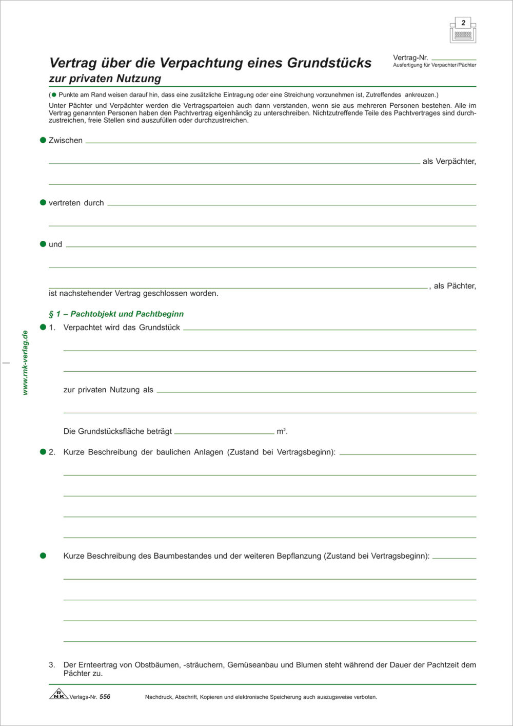Vertrag über Verpachtung eines Grundstücks