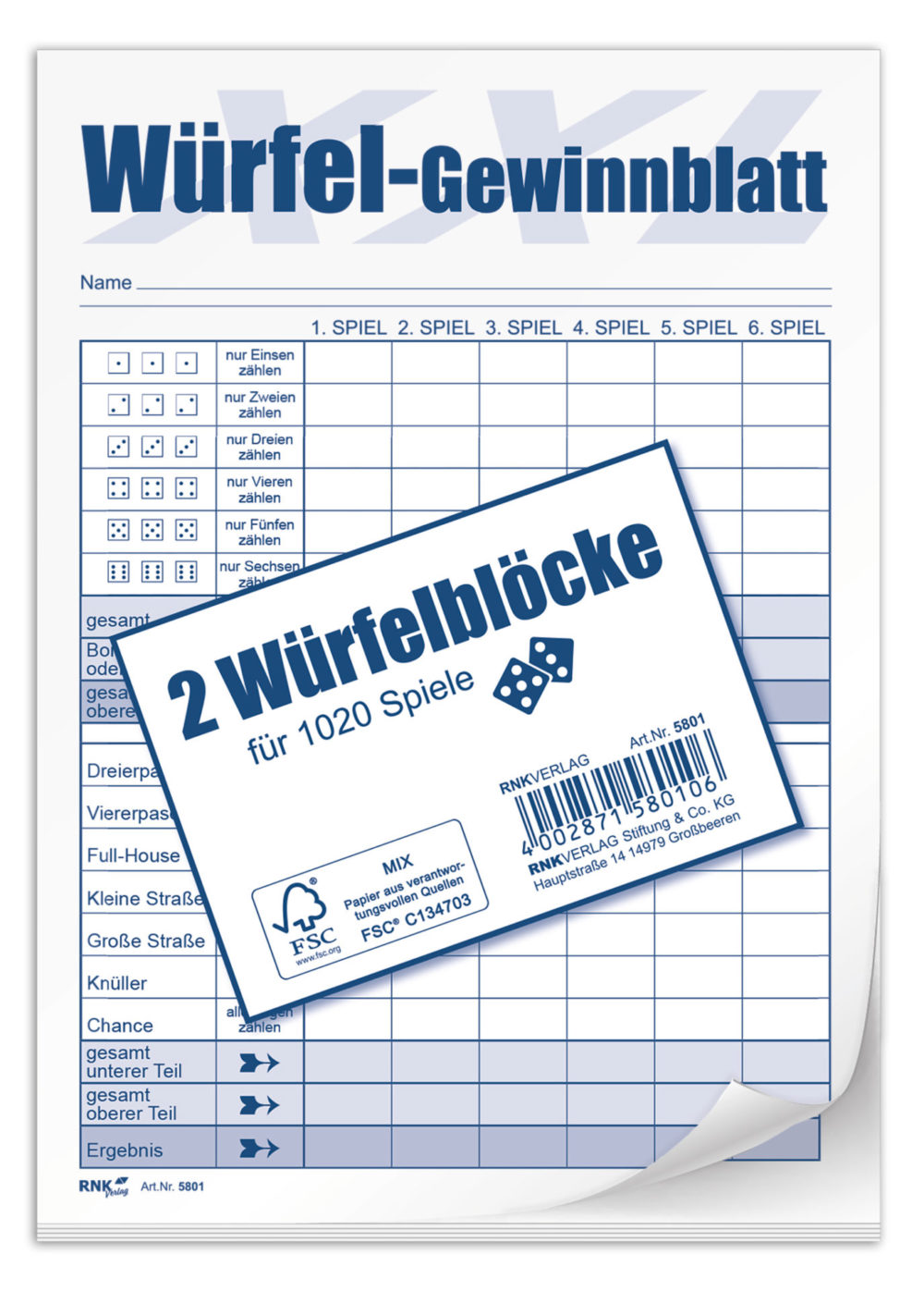 XXL Würfelspiel-Gewinnblock für 1020 Spiele