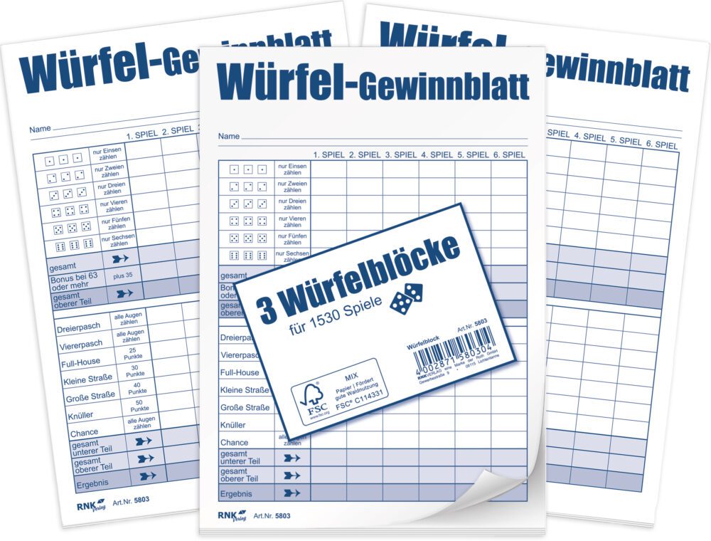 Würfel-Gewinnblatt für 1530 Spiele