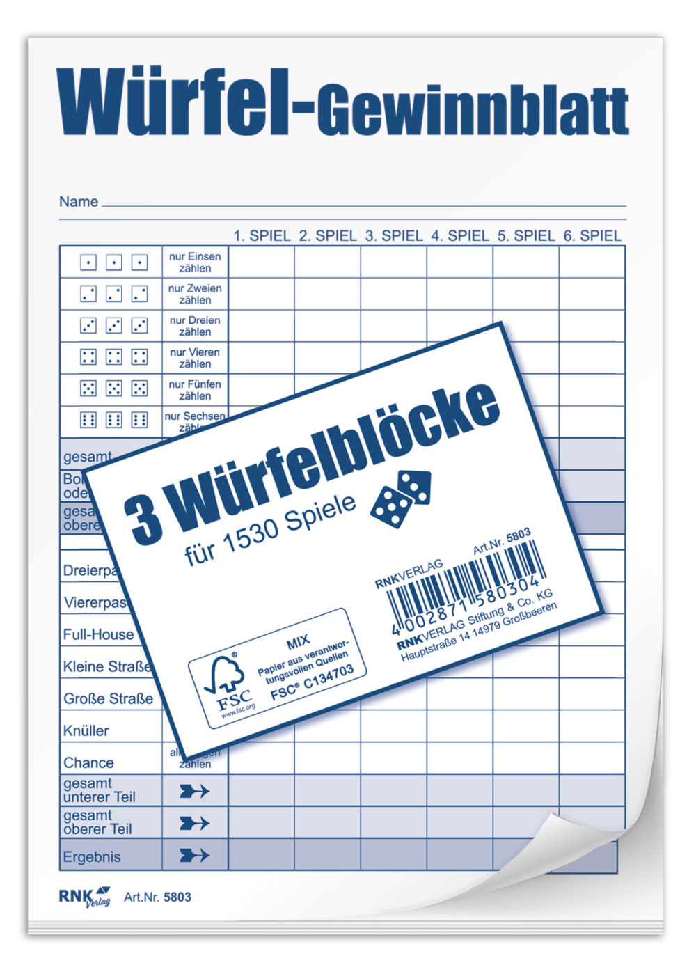 Würfel-Gewinnblatt für 1530 Spiele