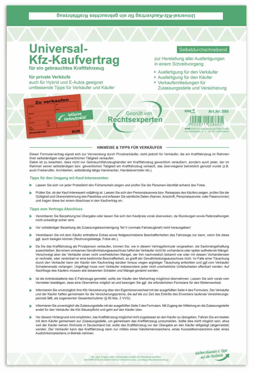 Universal-Kfz-Kaufvertrag für ein gebrauchtes Kraftfahrzeug - SD