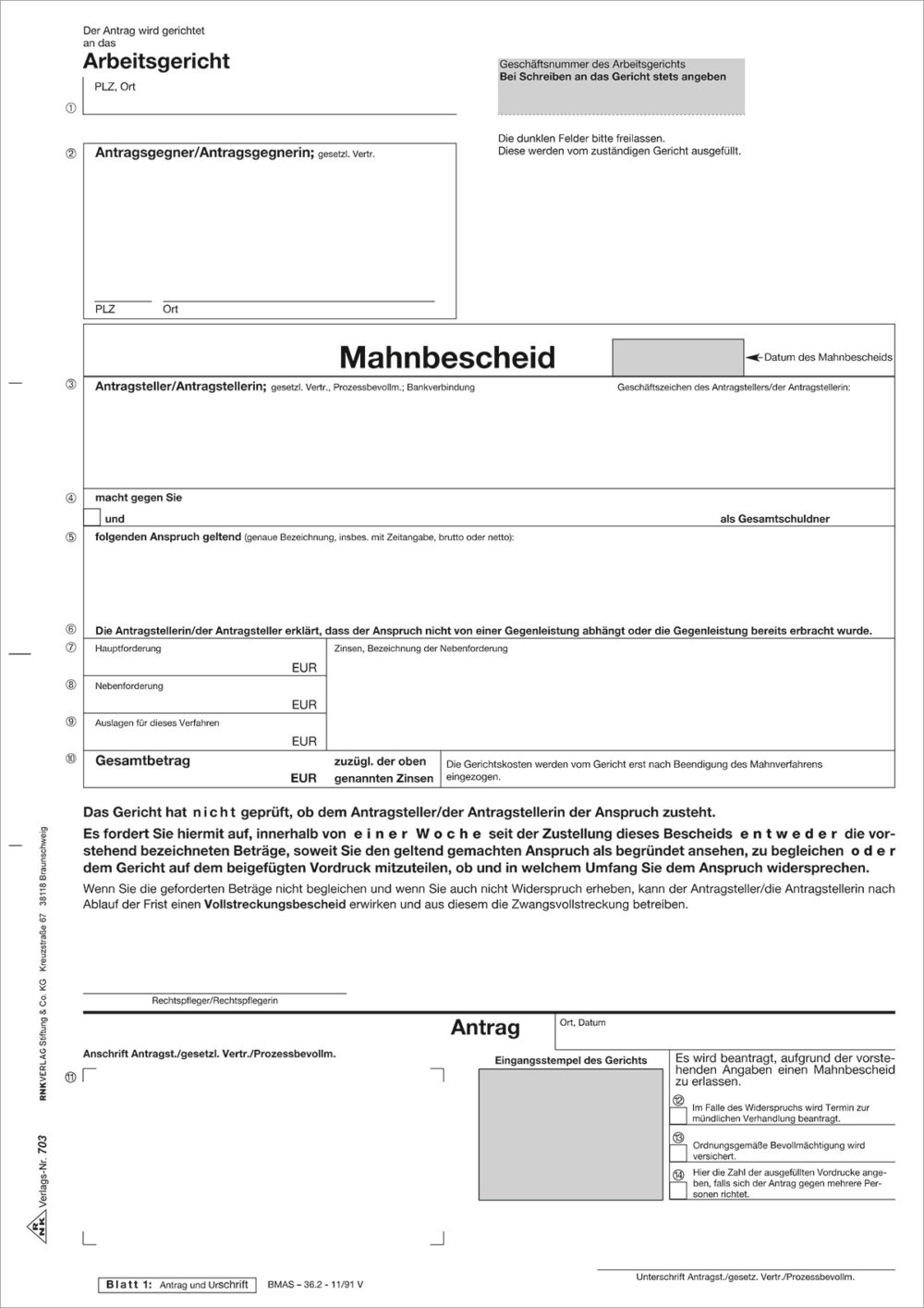 Vordruck für Mahn-und Vollstreckungsbescheide