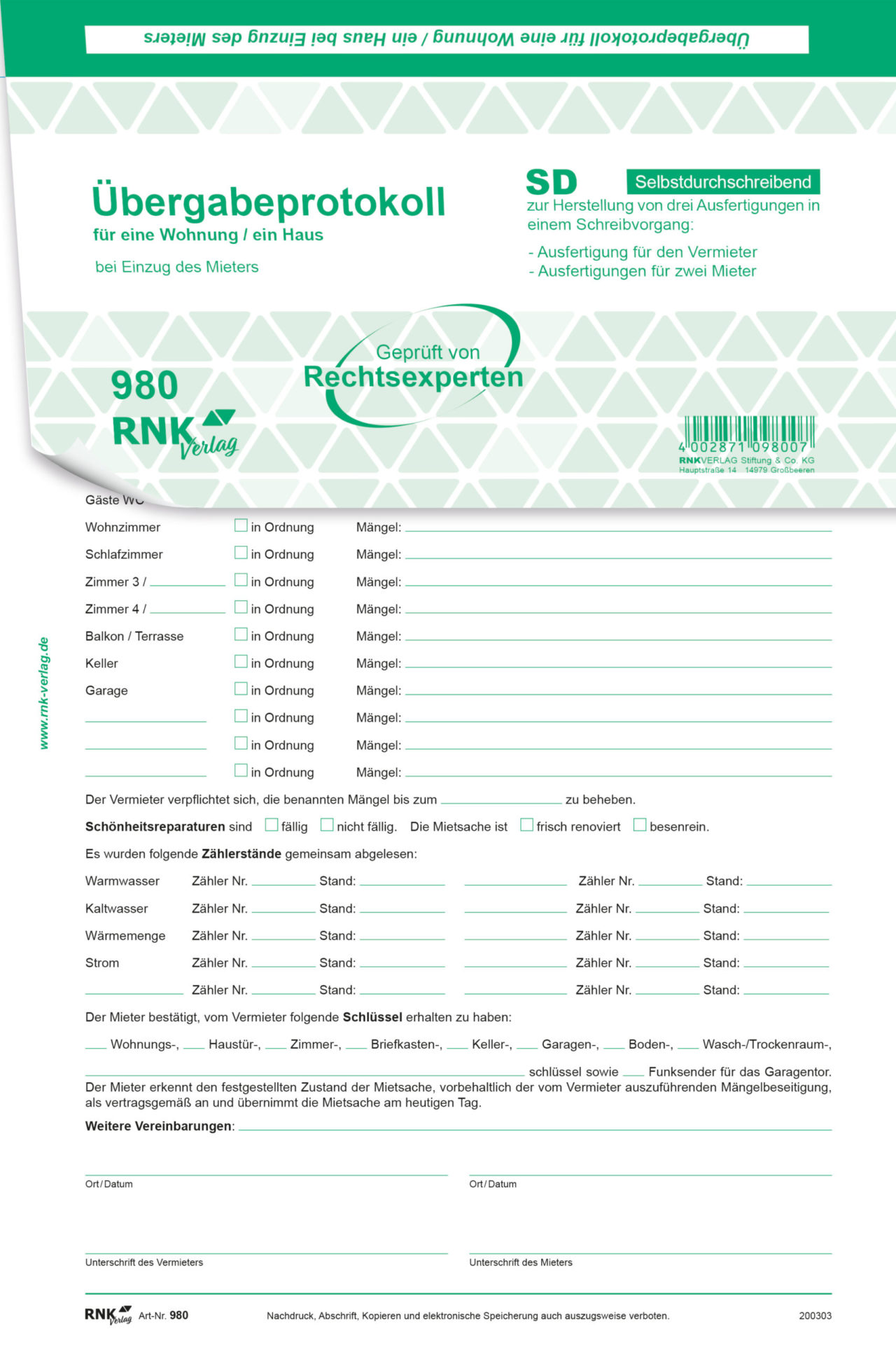 Wohnungs-Übergabeprotokoll - RNK Verlag