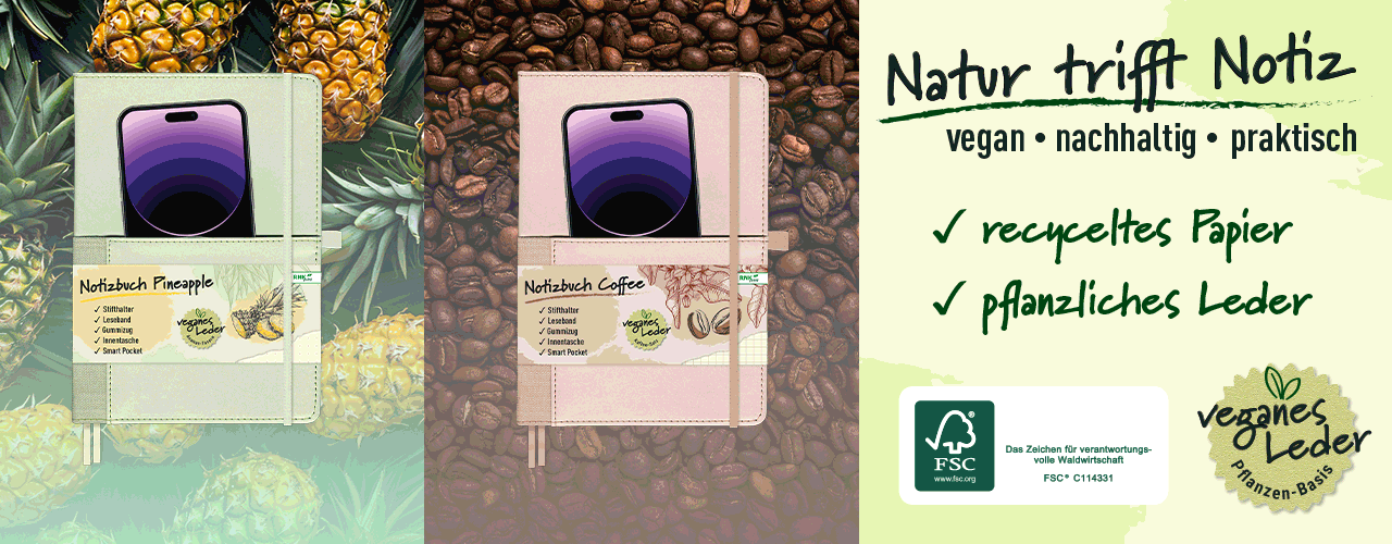 Farbwechsel Banner Vegane Notizbücher RNK Verlag - Verträge, Formulare, Schulbedarf und Bürobedarf