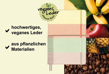 Vegane Notizbücher in vier Farben: Mint, Rosa, Gelb und Beige
