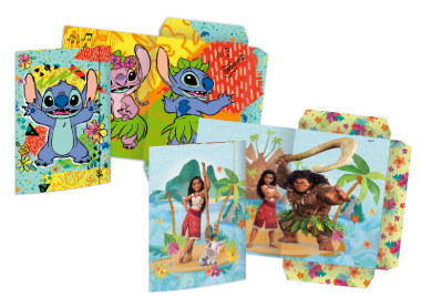 Lizenzmappen aufgegklappte und Frontansicht von Stitch und Vaiana