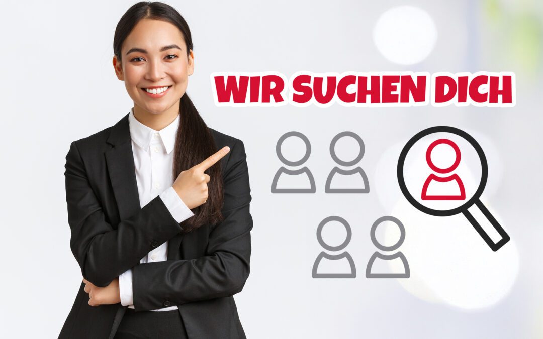Frau im Businesslook zeigt auf die Aufschrift "Wir suchen dich"